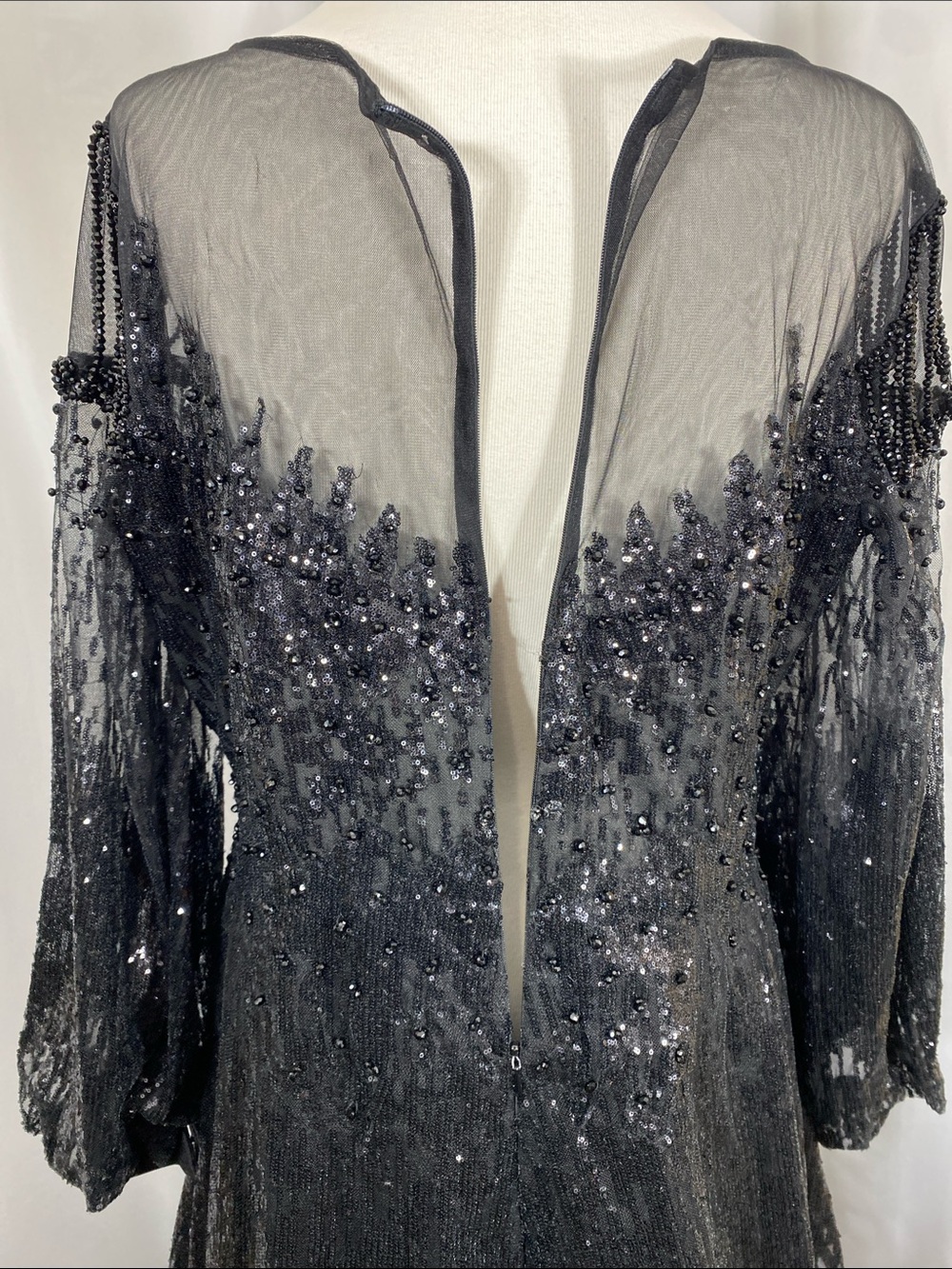 Mac Duggal Black Jewel Encrusted Illusion Long Sleeve A-line Gown Size 14 NWT - Picture 16 of 16